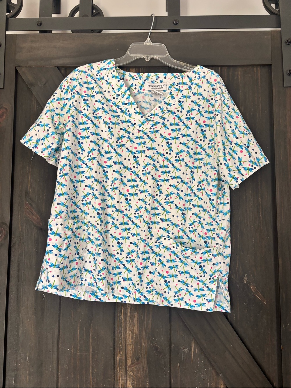 Women’s White Floral Dragonfly Print Scrub Top